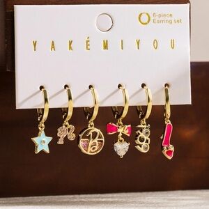 14K Gold Plated Barbie Inspired Theme Huggie Hoop Dangle Mismatched Set
